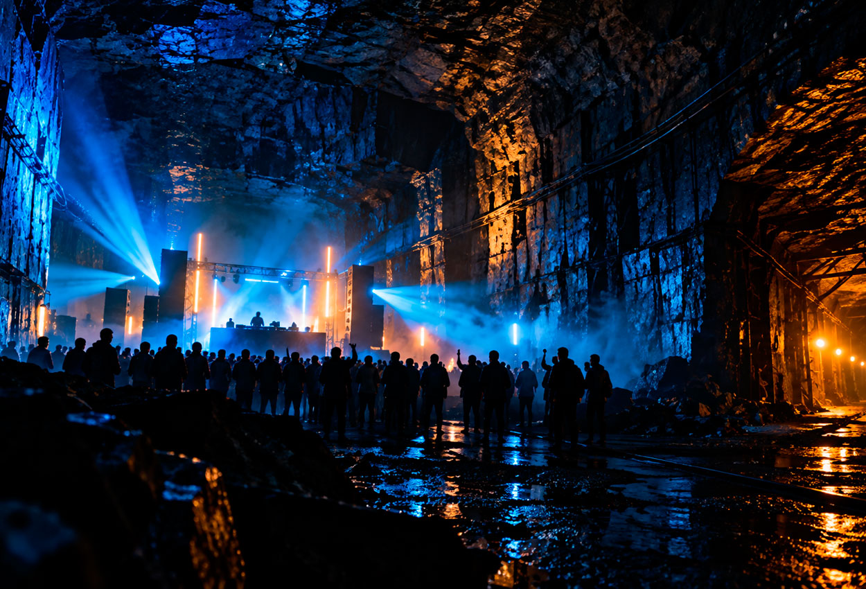 Rave de música electrónica en una mina subterránea con iluminación azul y ámbar.